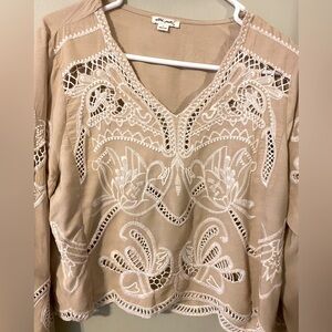 Ultra Pink blouse size L, long sleeves, Embroidered eyelet design